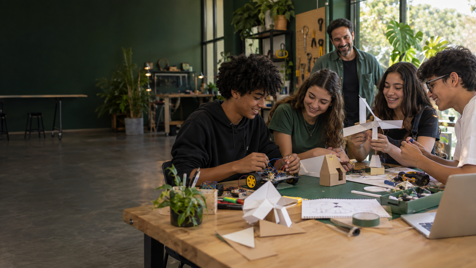 Cena ilustrativa de jovens colaborando em projetos em um laboratório de inovação.